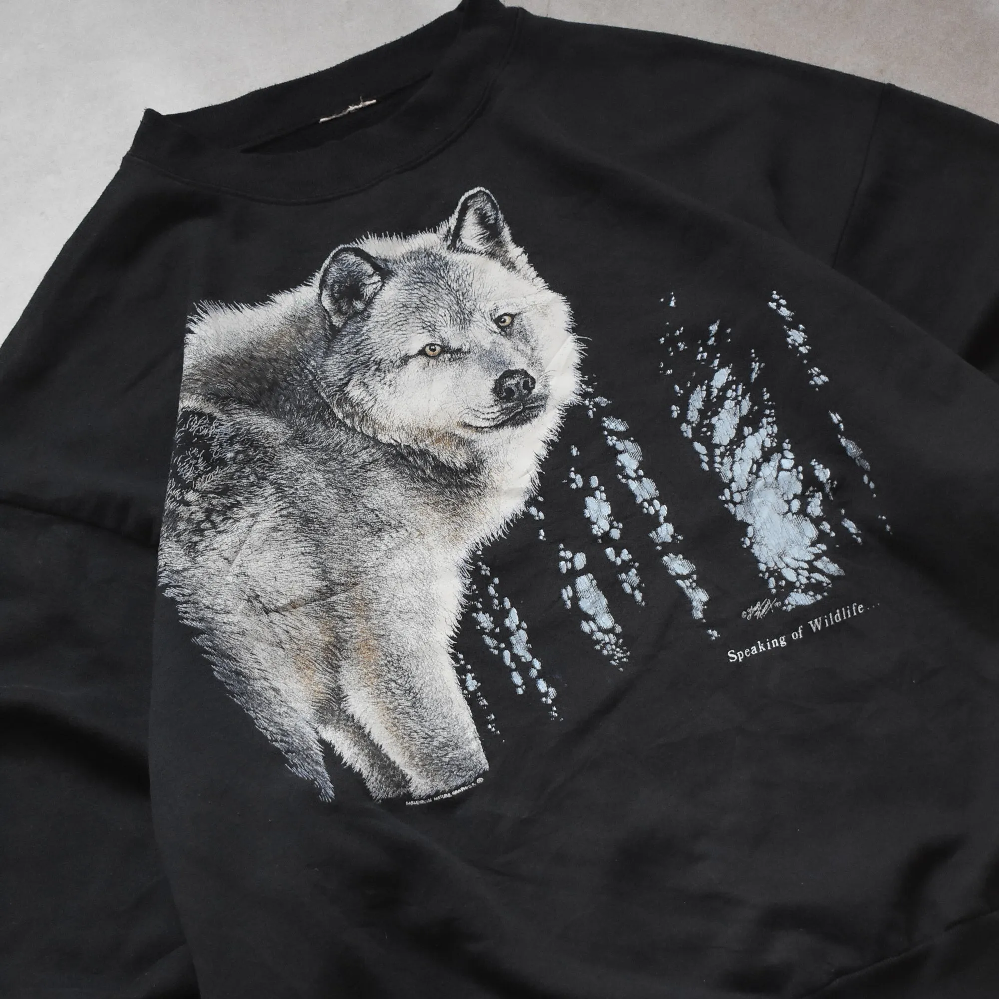 1990s Harlequin Nature Graphics Black Wolf Sweater - M