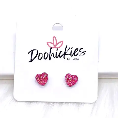 8mm Sparkle Heart Stud Earrings - Hot Pink