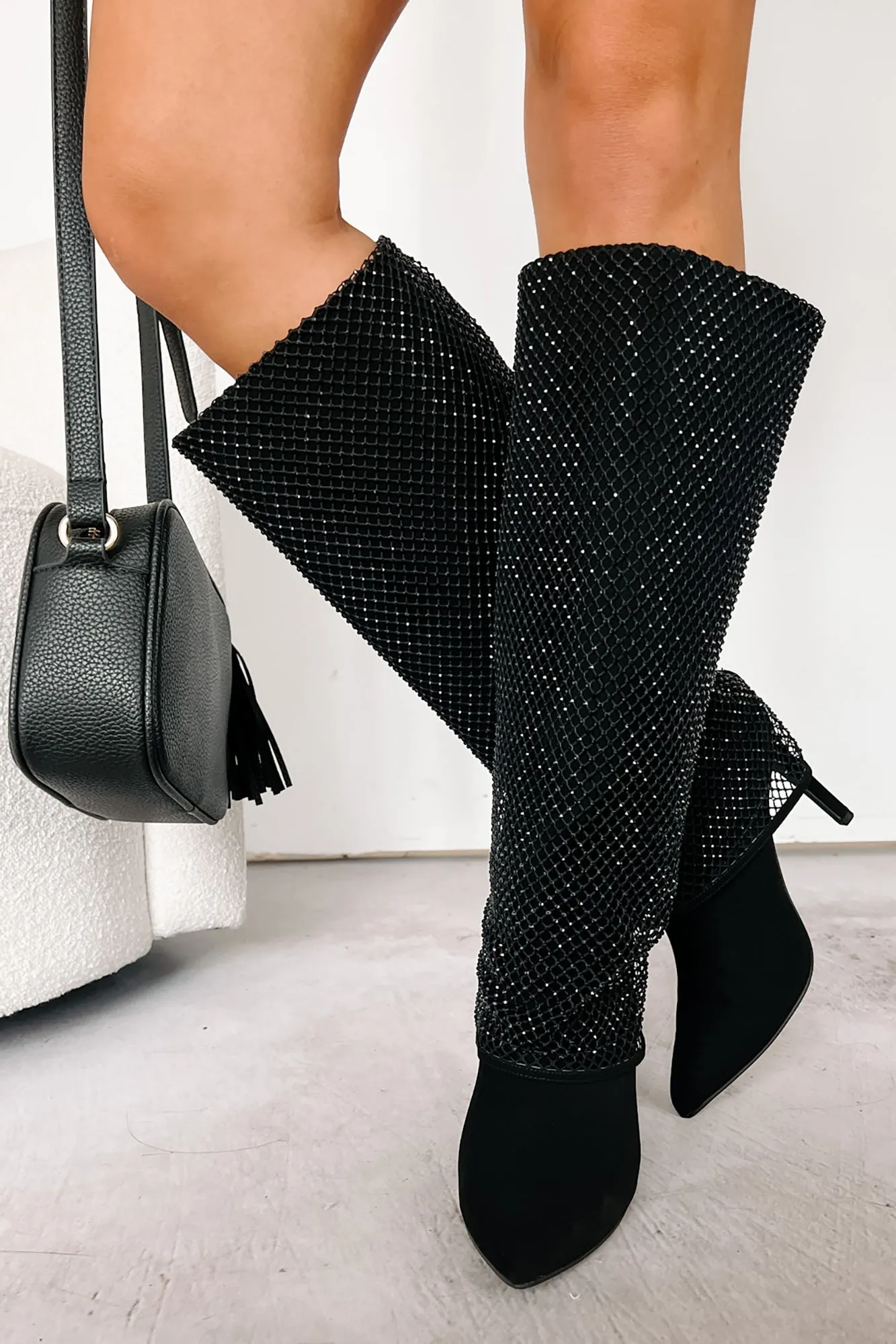 Always A Baddie Rhinestone Mesh Fold-Over Boots (Black)