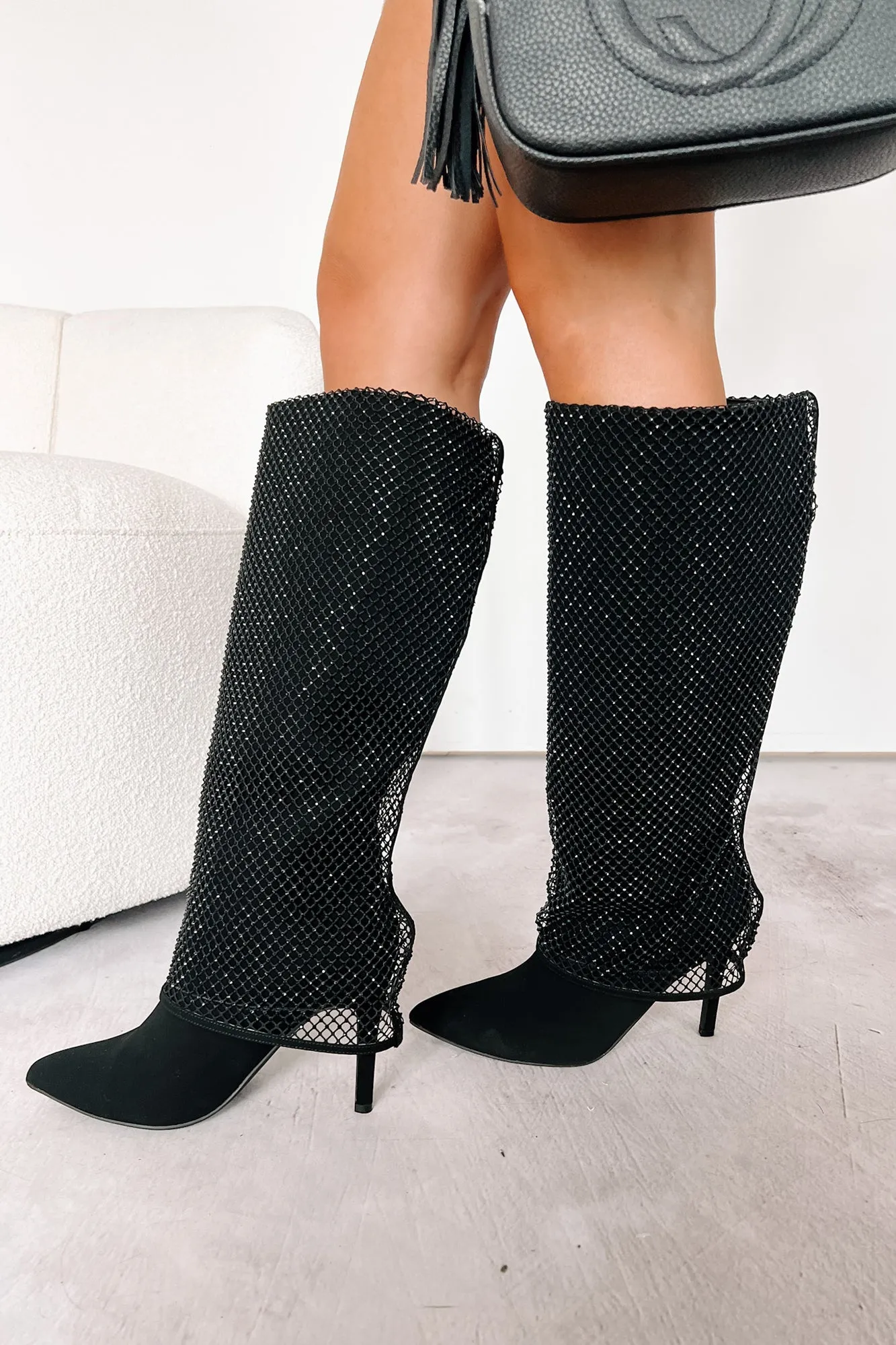 Always A Baddie Rhinestone Mesh Fold-Over Boots (Black)