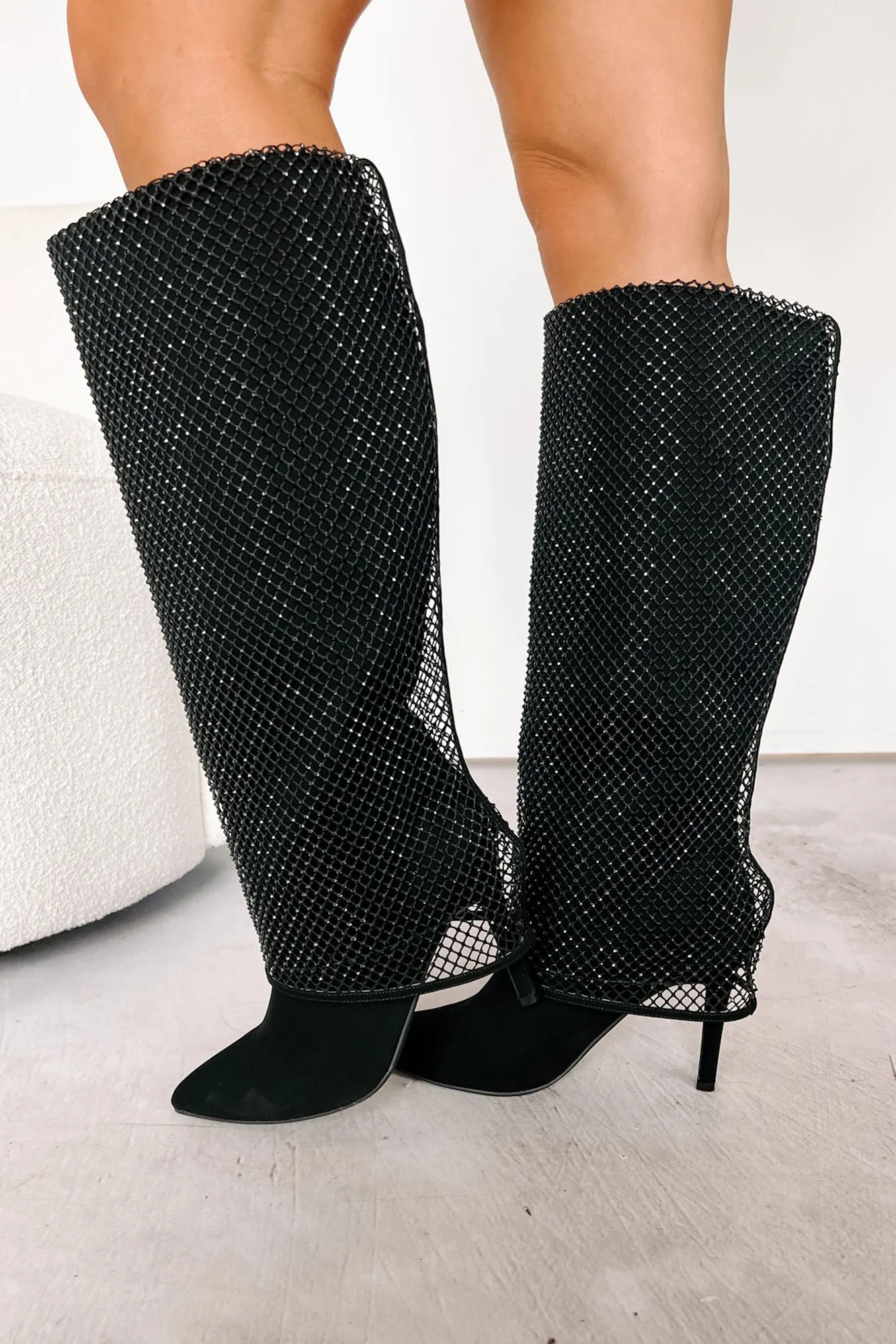 Always A Baddie Rhinestone Mesh Fold-Over Boots (Black)