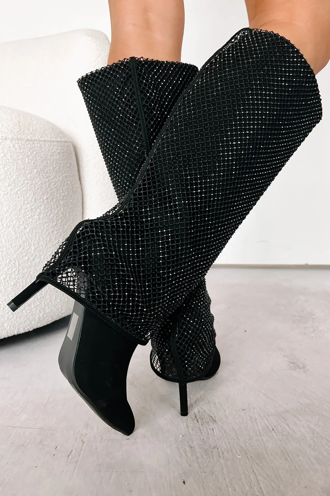 Always A Baddie Rhinestone Mesh Fold-Over Boots (Black)