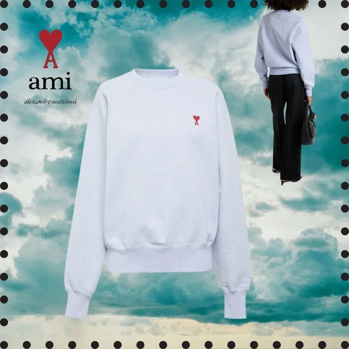 AMI PARIS  |Long Sleeves Plain Cotton Logo Hoodies & Sweatshirts