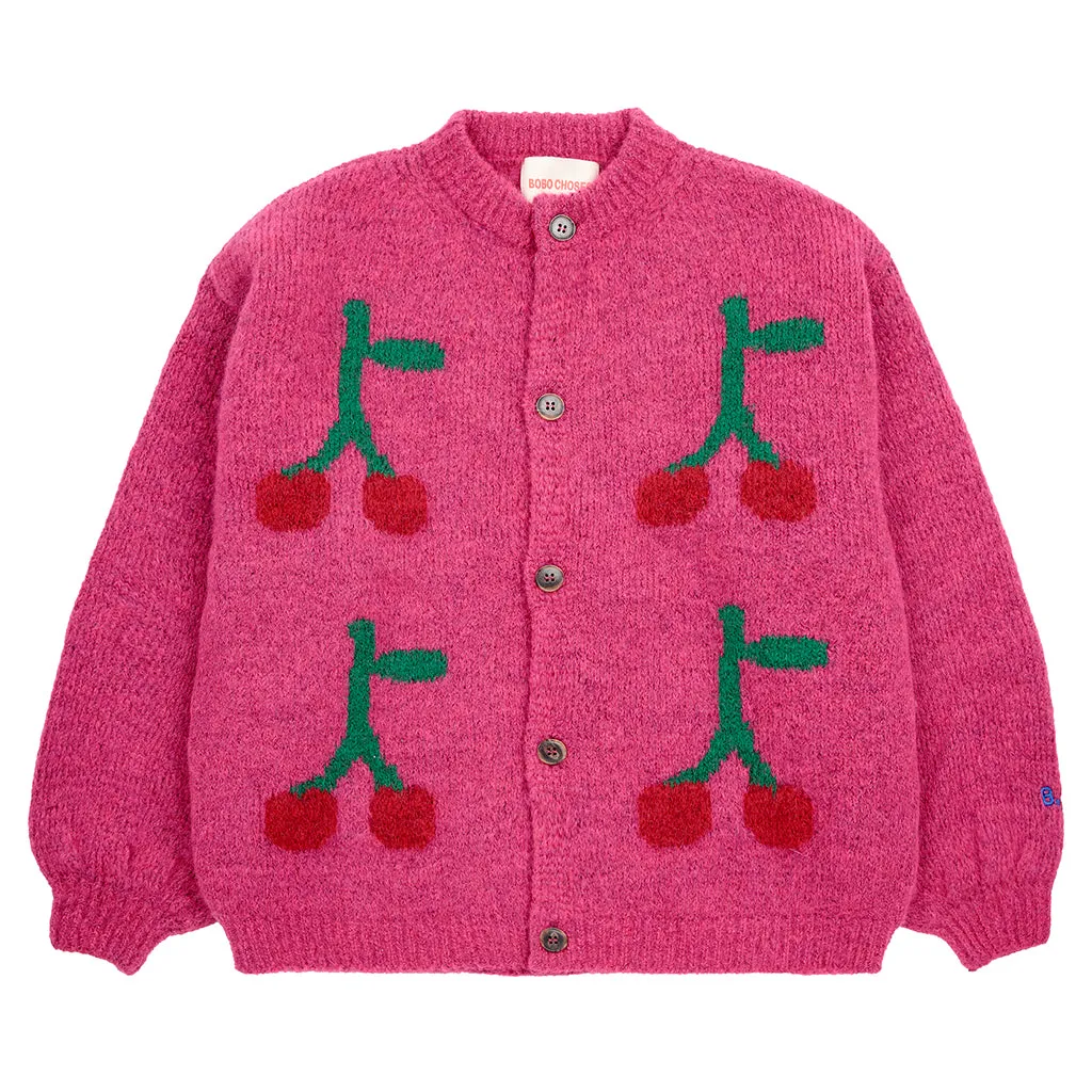 Bobo Choses Child Cherry Intarsia Cardigan Fuchsia Pink