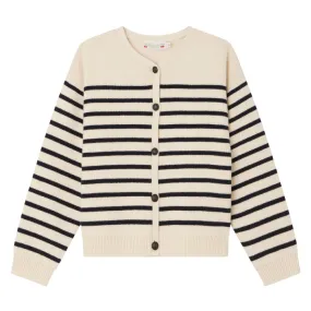 Bonpoint Child Demy Cardigan Cream With Marine Blue Stripes