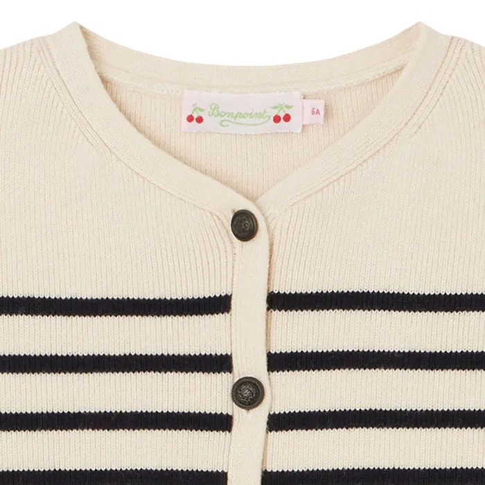 Bonpoint Child Demy Cardigan Cream With Marine Blue Stripes