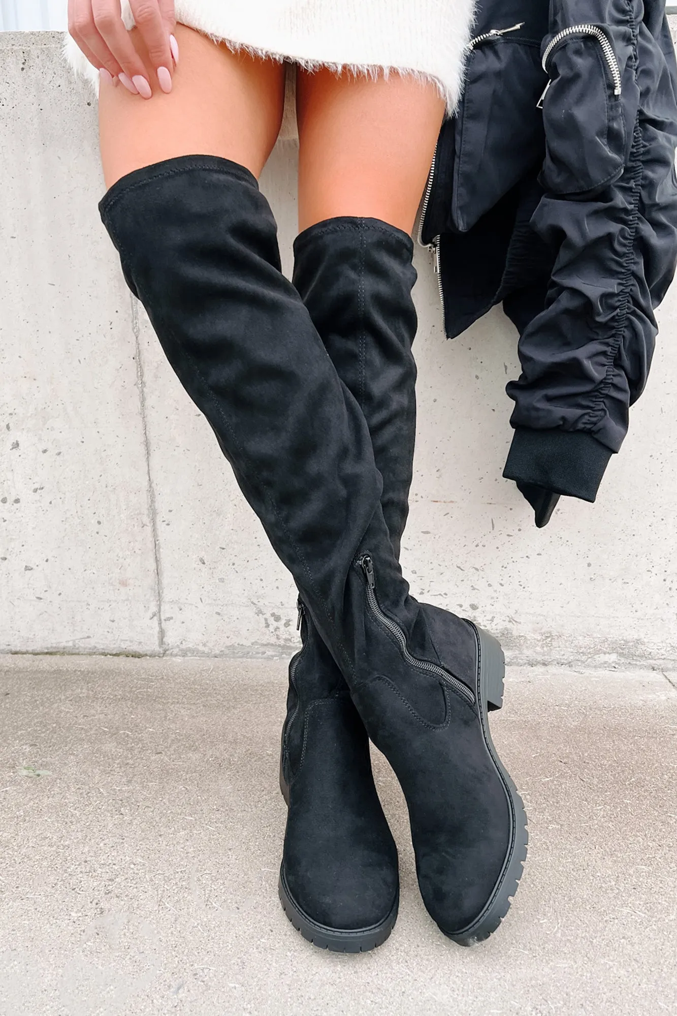 Burin Faux Suede Over The Knee Boots (Black)