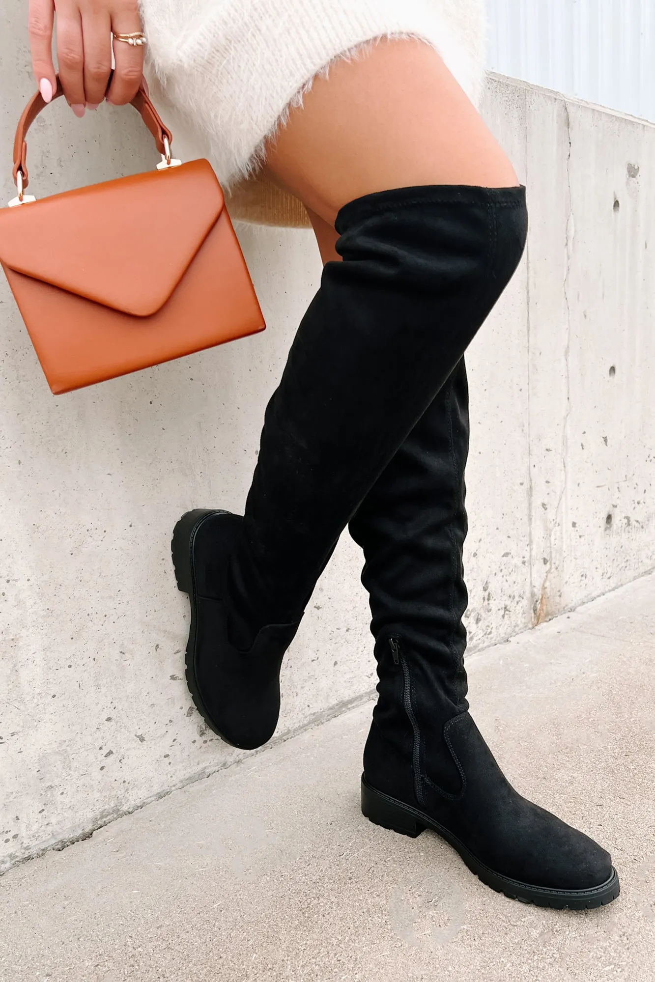 Burin Faux Suede Over The Knee Boots (Black)