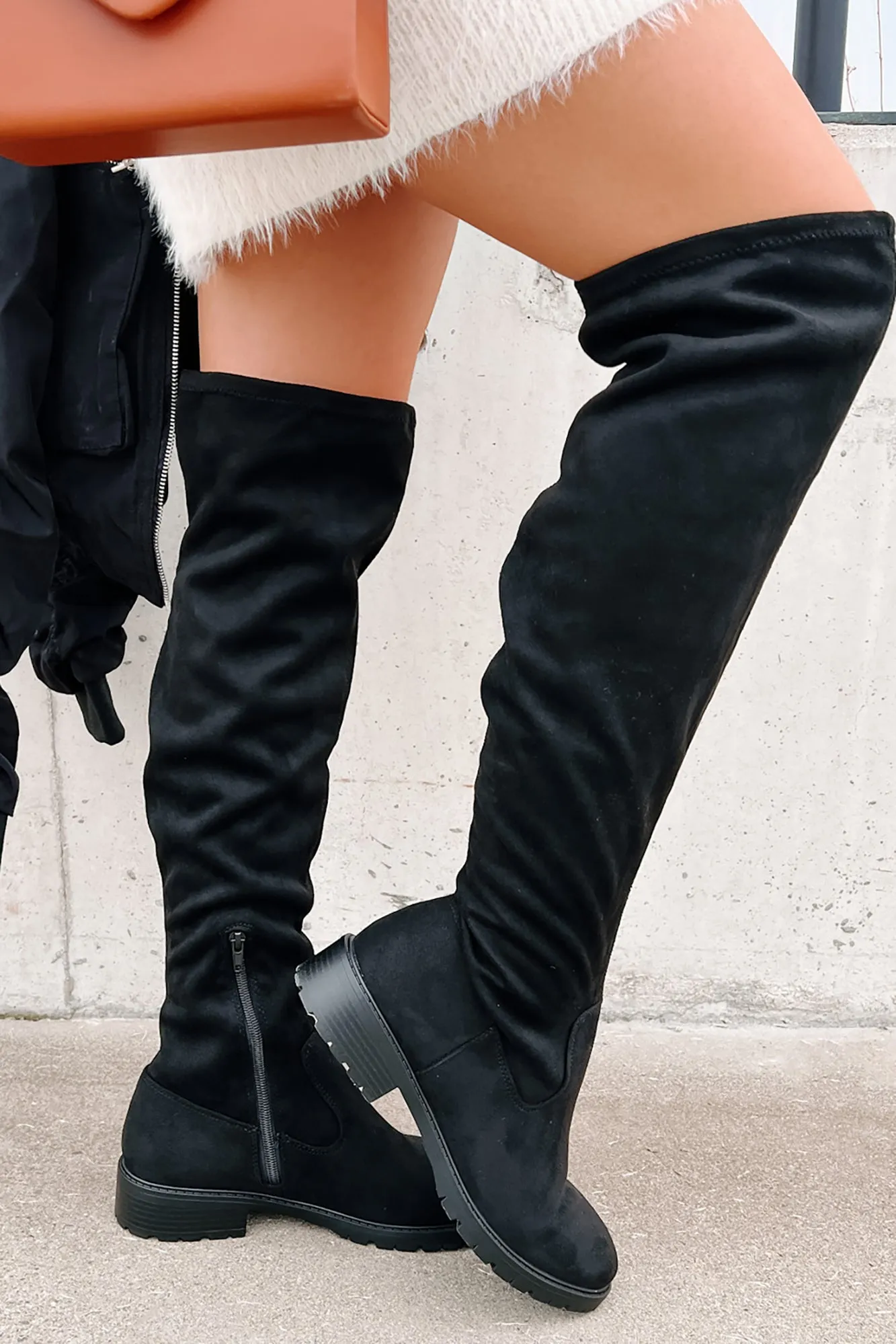 Burin Faux Suede Over The Knee Boots (Black)