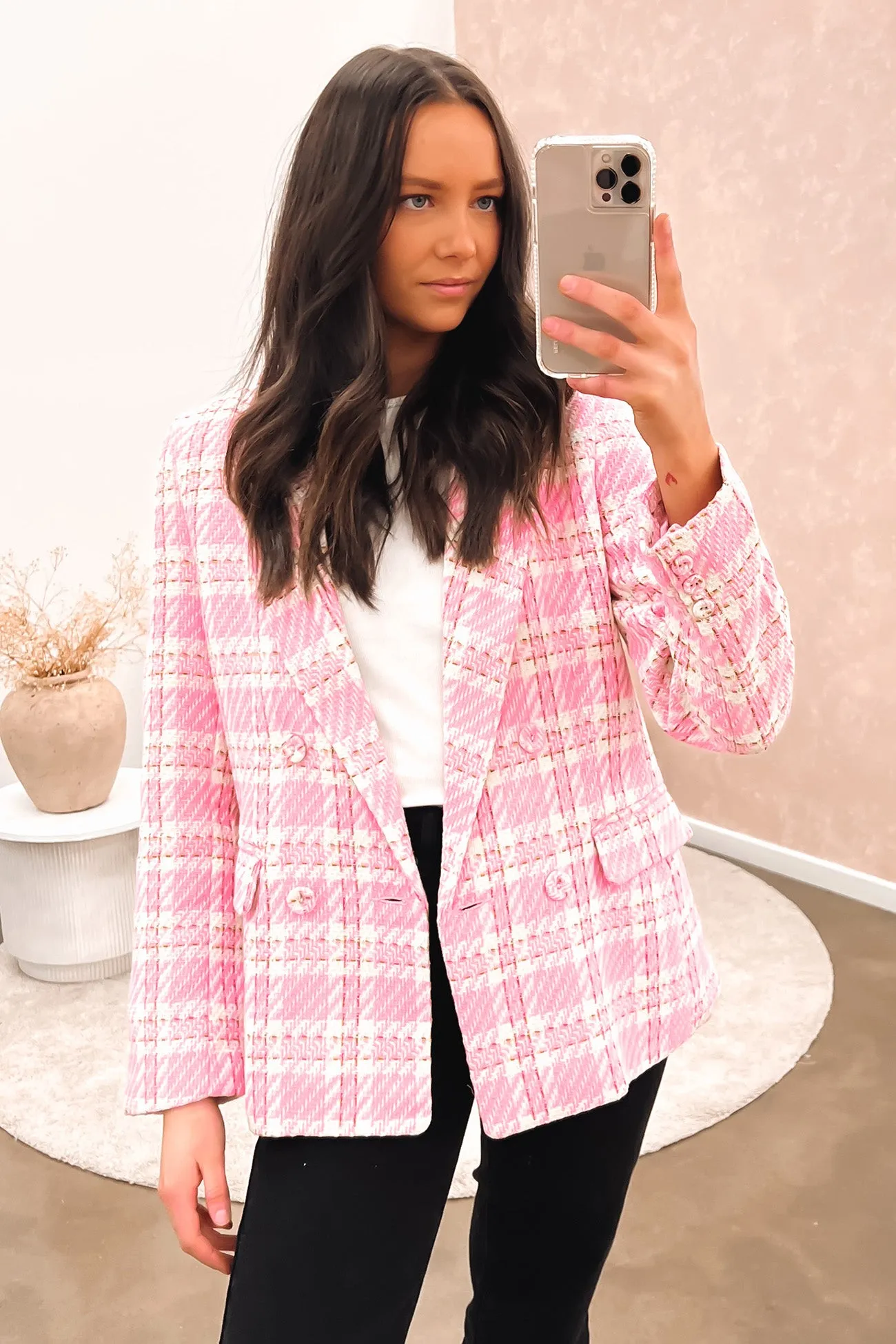 Cartia Tweed Blazer Pink White Check