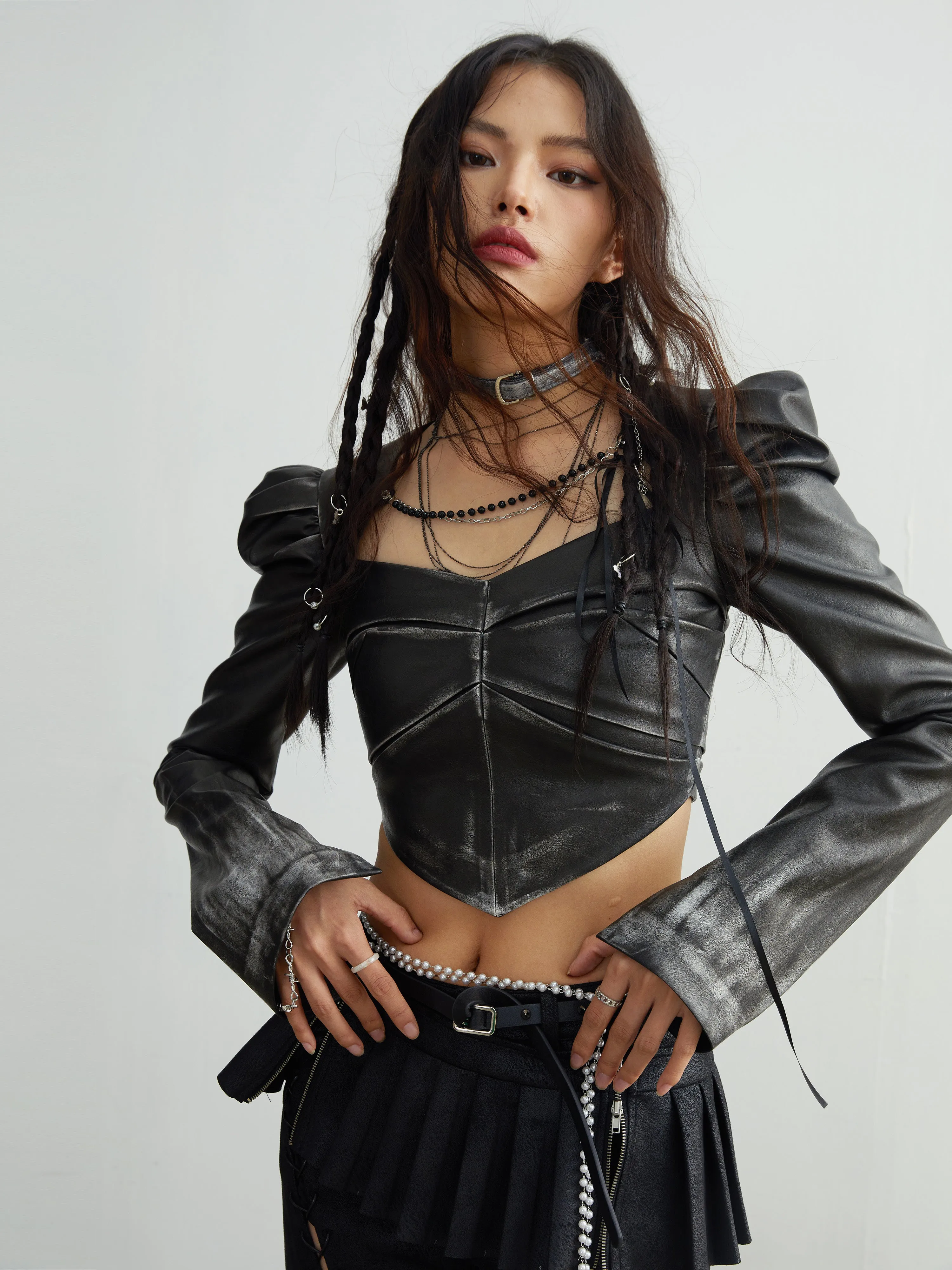 Chain Decorated Gradient Imitation Leather Short Jacket