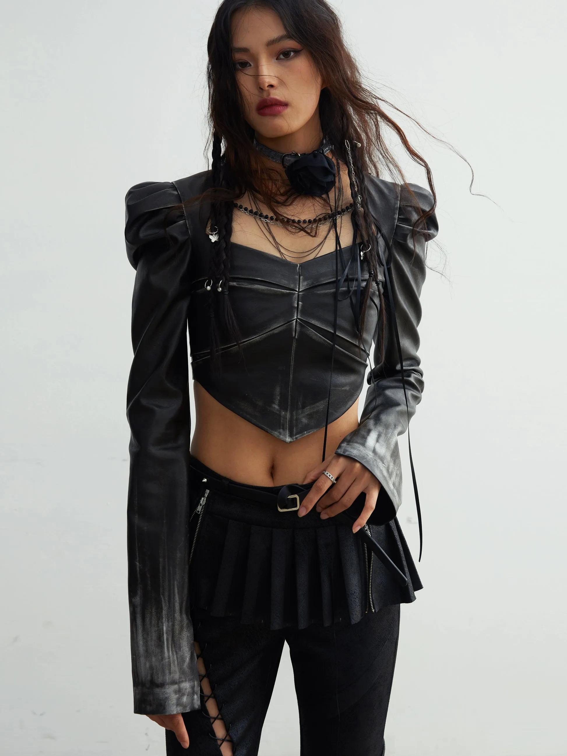 Chain Decorated Gradient Imitation Leather Short Jacket