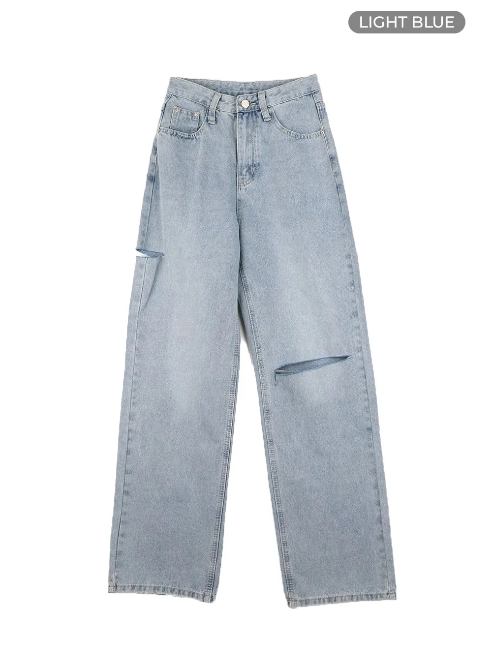 Cut Out Washed Straight Jeans OM421