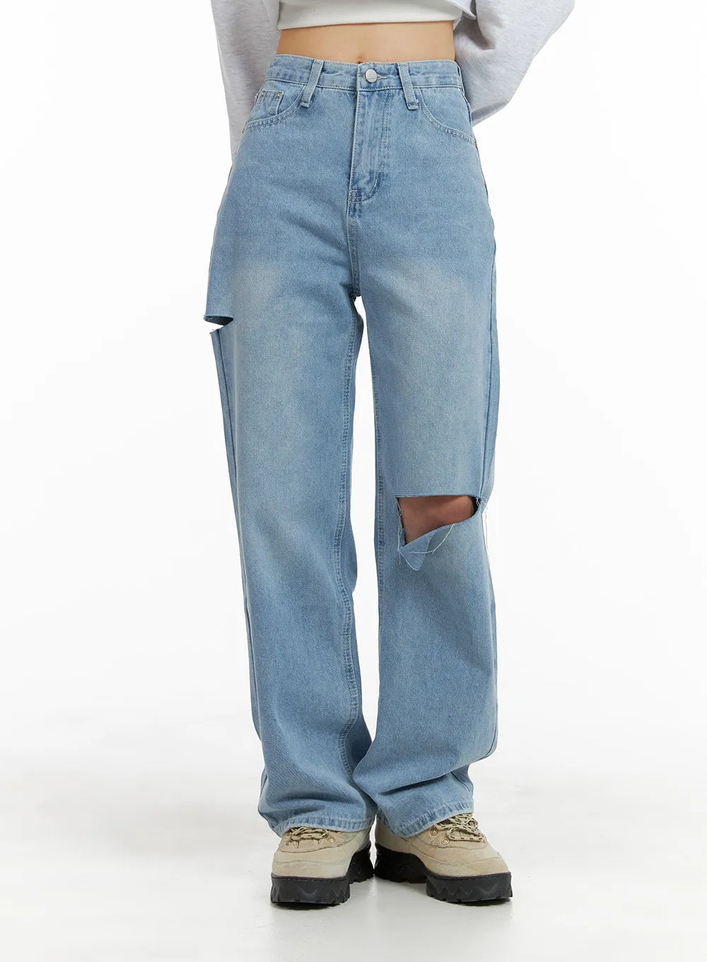 Cut Out Washed Straight Jeans OM421