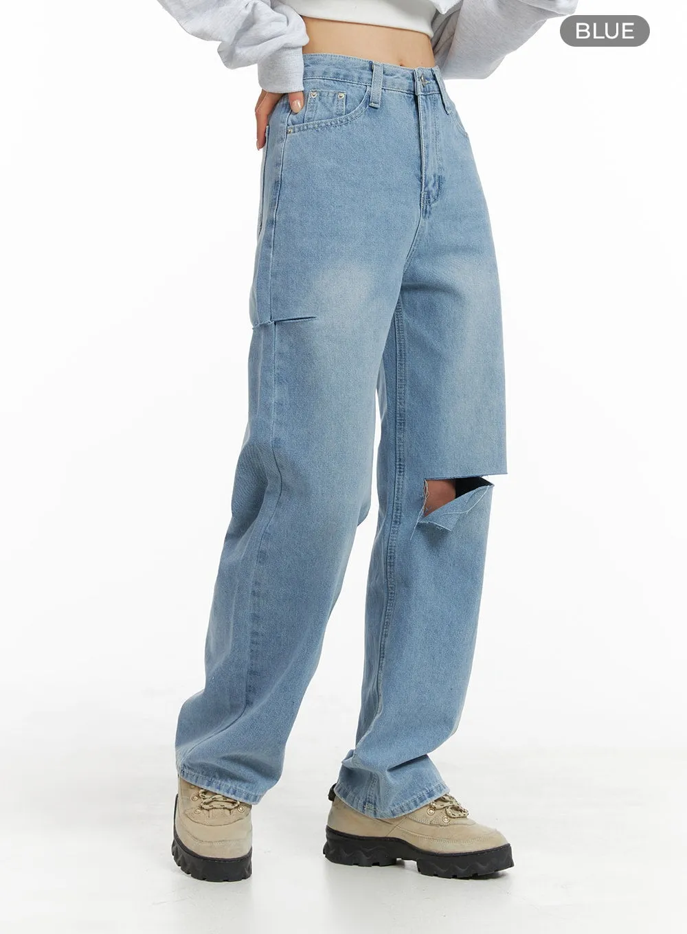 Cut Out Washed Straight Jeans OM421