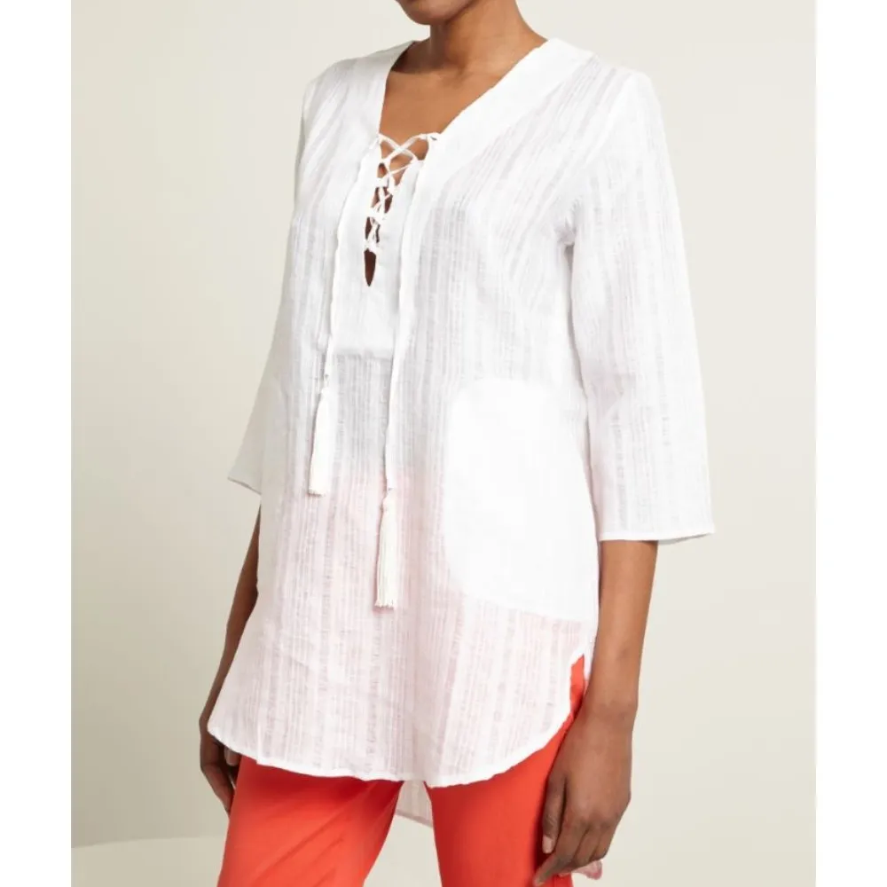 Diffusione Tessile  |Linen Street Style V-Neck Cropped Plain Logo Tunics