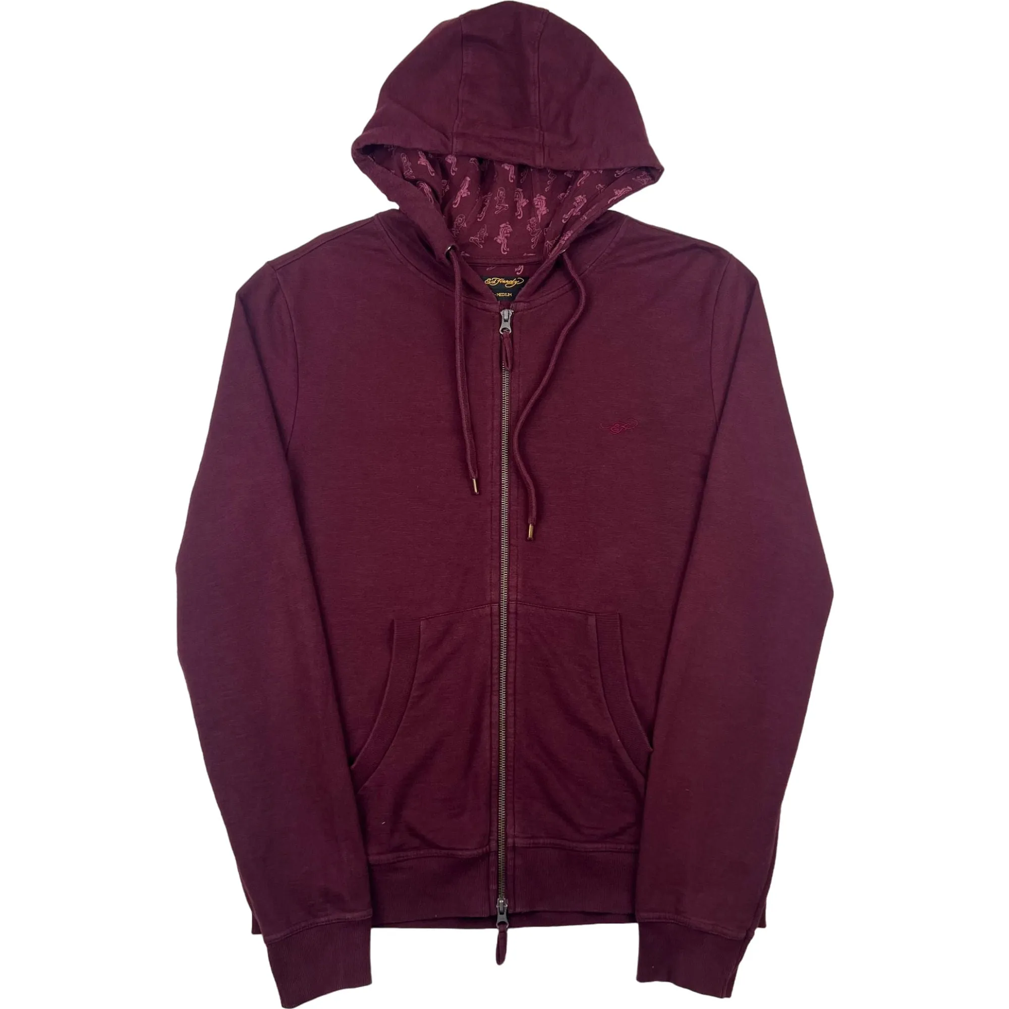 Ed Hardy Embroidered Logo Zip-Up Hoodie Maroon