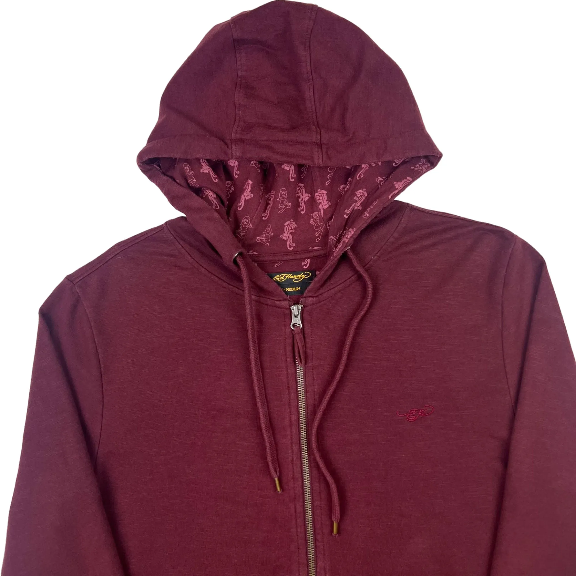 Ed Hardy Embroidered Logo Zip-Up Hoodie Maroon