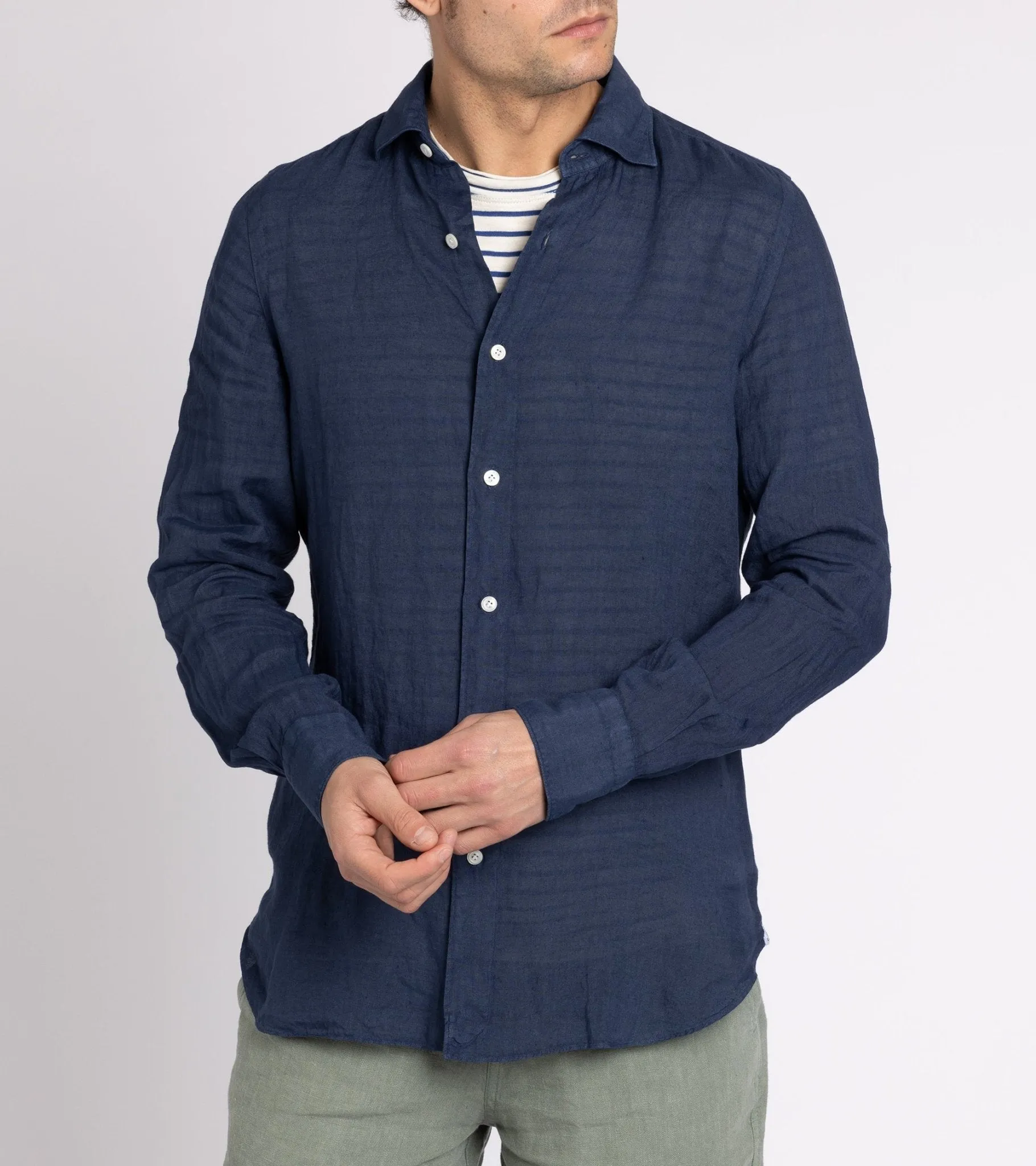 Finamore Gaeta Linen Luigi Sport Shirt: Navy