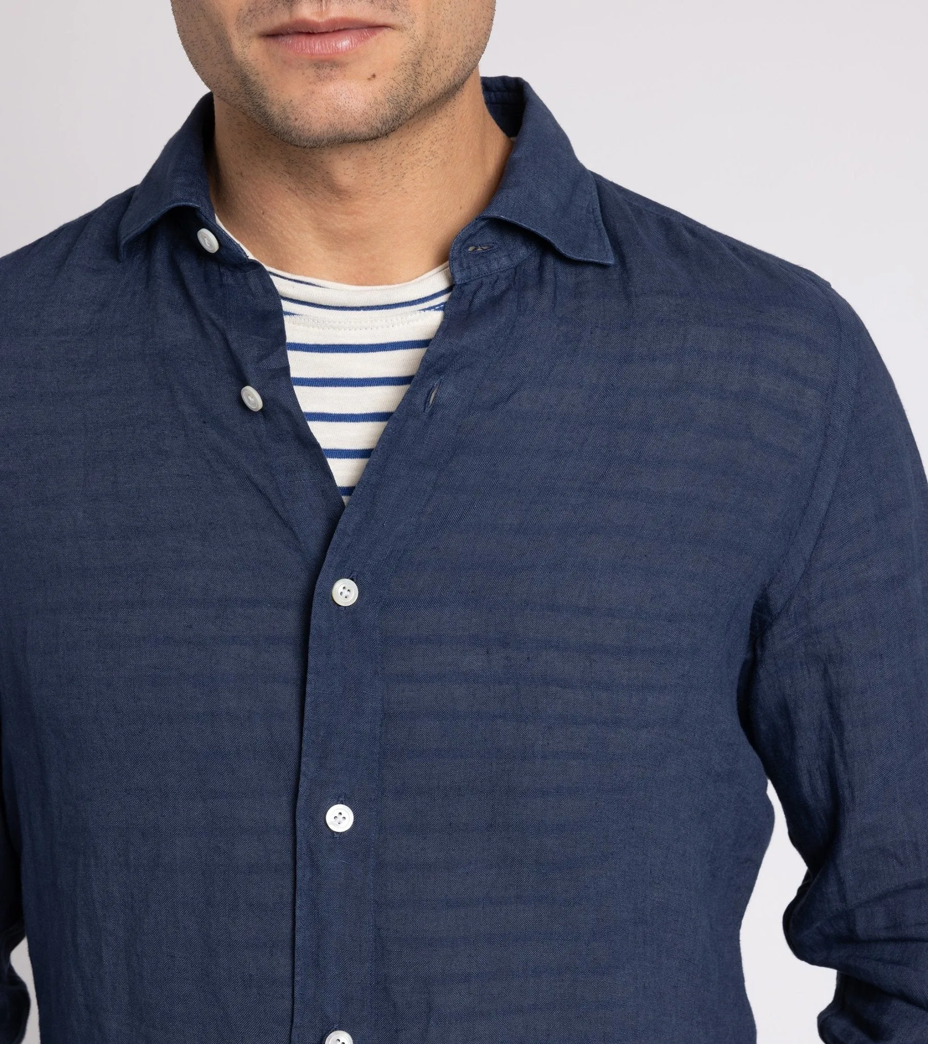 Finamore Gaeta Linen Luigi Sport Shirt: Navy