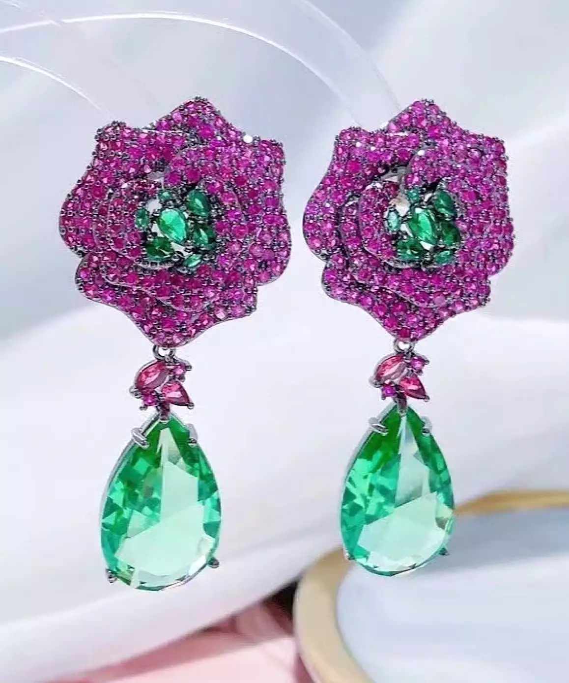 Floral Diamond Drop Earrings In Hot Pink