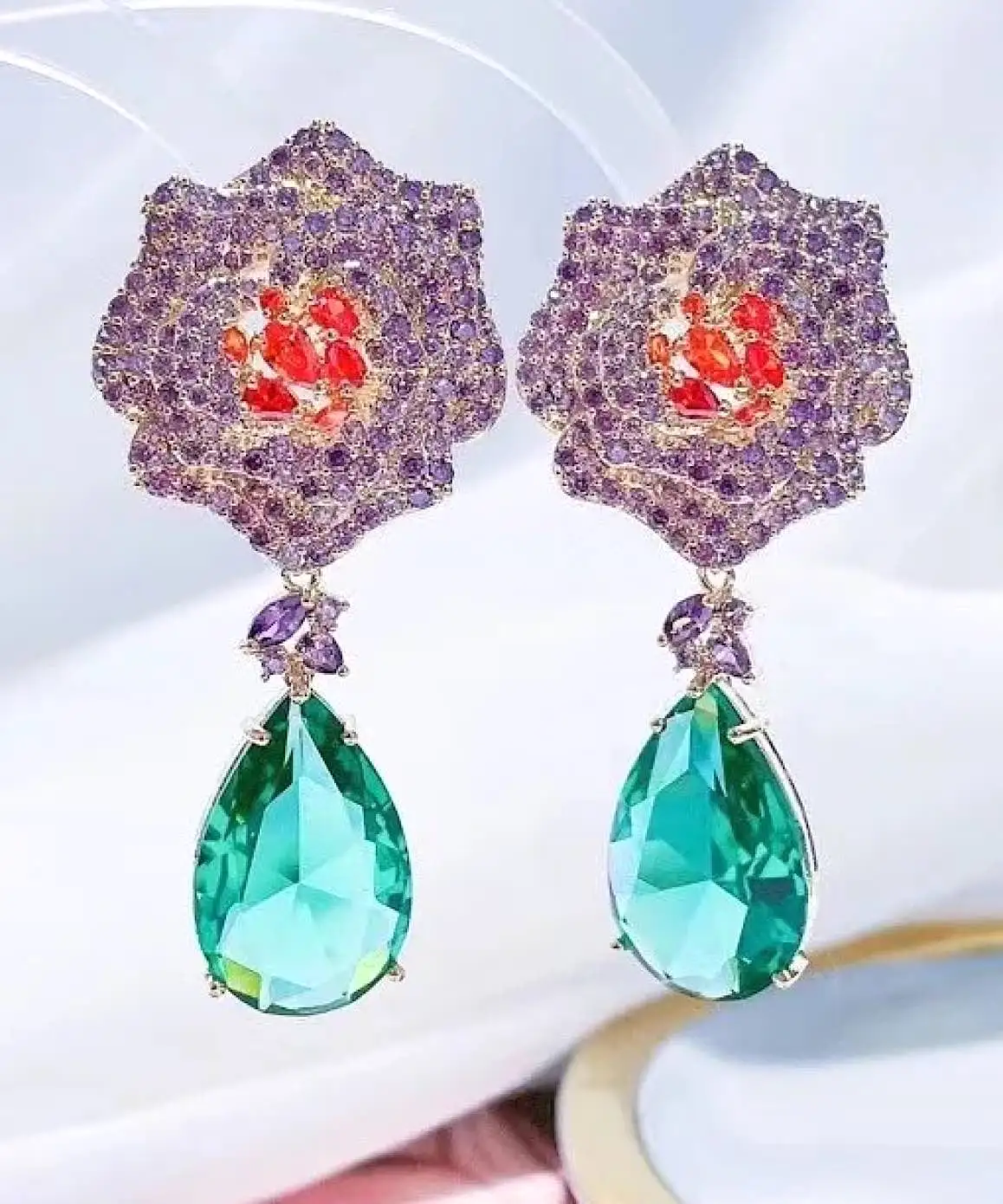 Floral Diamond Drop Earrings In Hot Pink