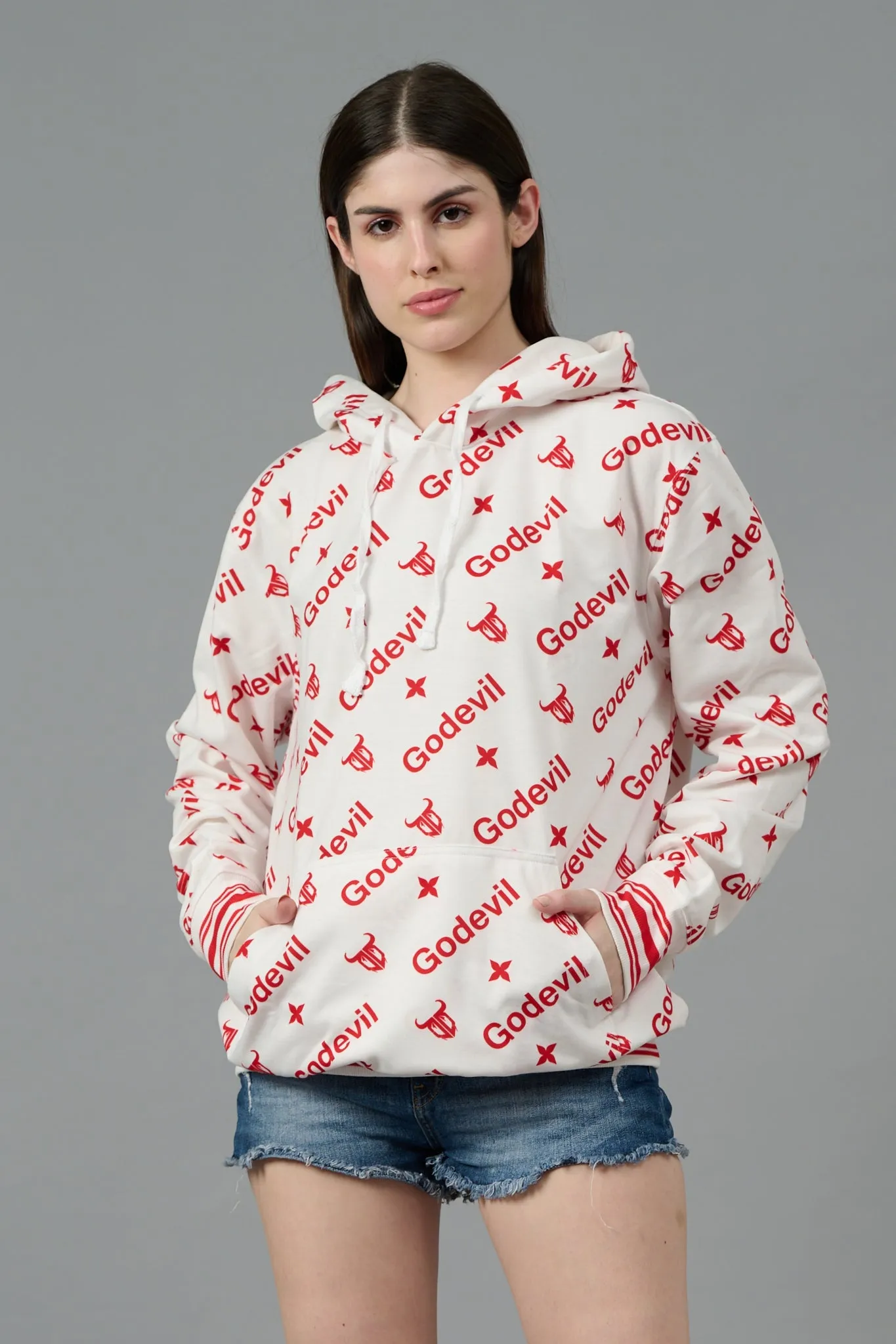 Go Devil All Over Print White Hoodie for Women