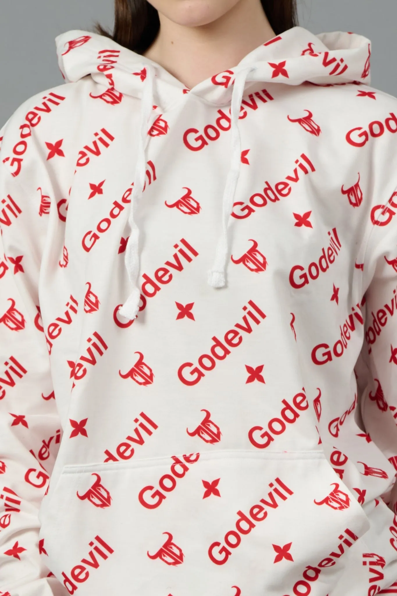 Go Devil All Over Print White Hoodie for Women