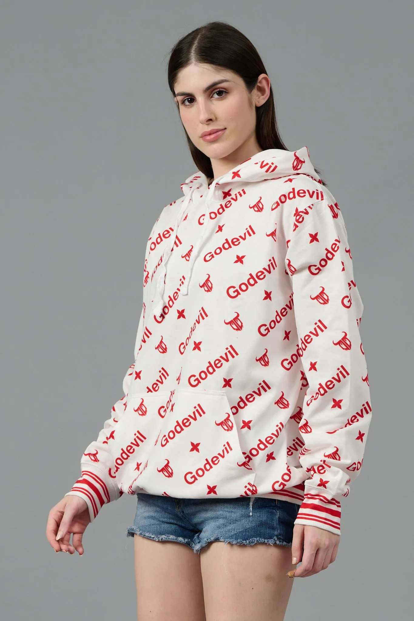 Go Devil All Over Print White Hoodie for Women