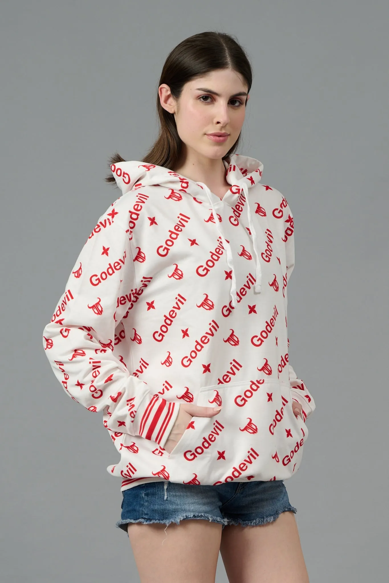 Go Devil All Over Print White Hoodie for Women