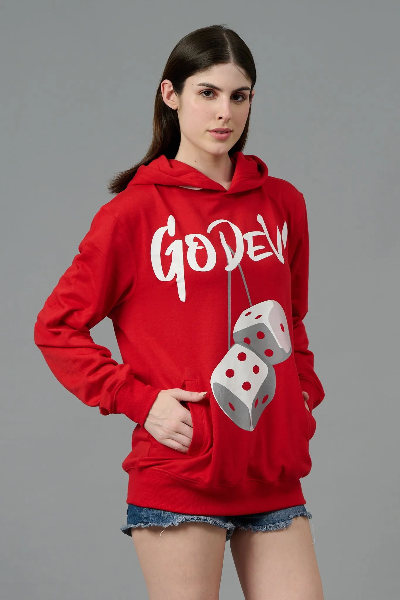 Go Devil Dice Printed Red Hoodie for Women