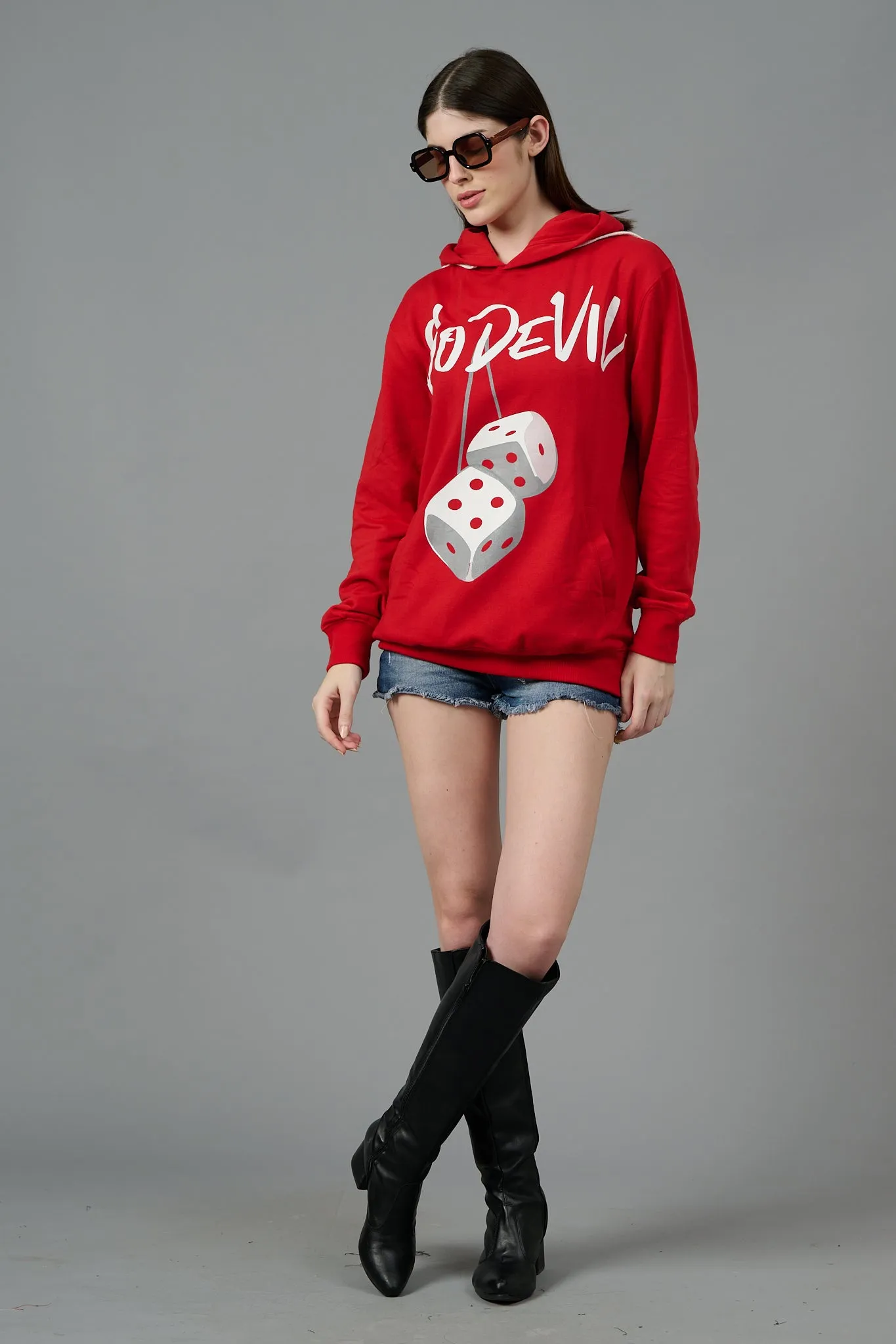 Go Devil Dice Printed Red Hoodie for Women