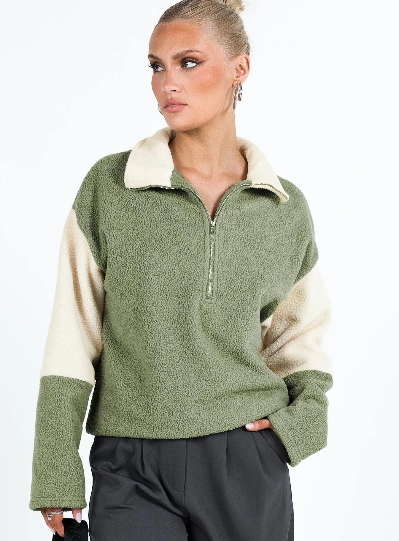 Herbert Fleece Jumper Green / Cream