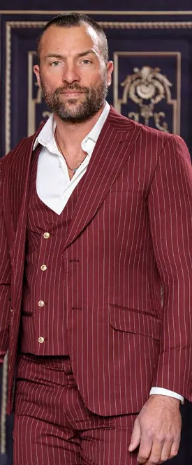 INSOMNIA MUCCLY 3PC Modern fit Burgundy Thin Pinstripe Suit