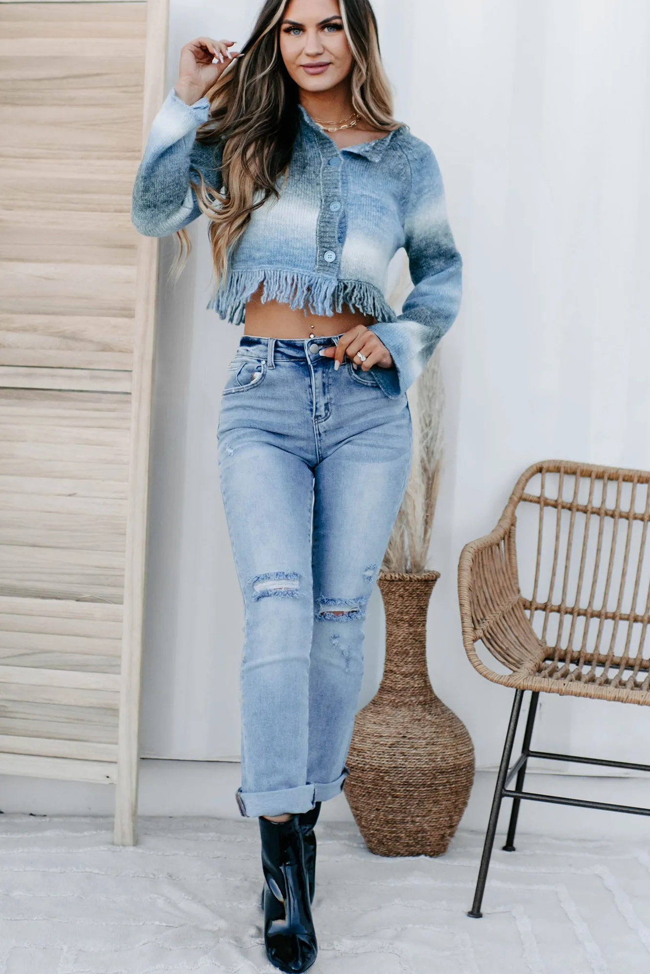 Laylena Ombre Fringe Sweater (Blue)