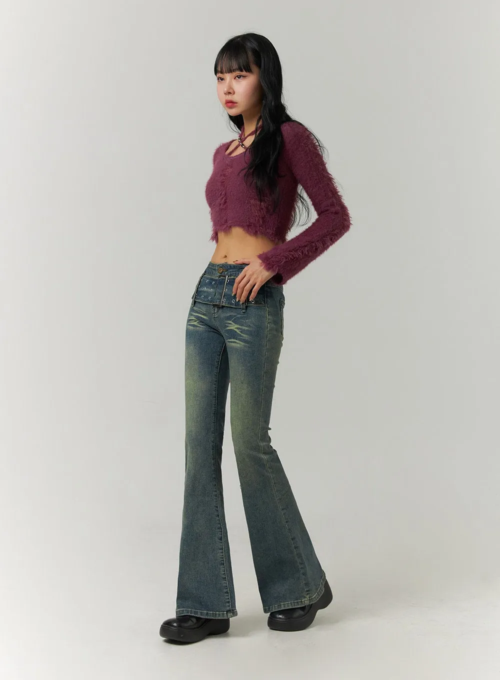 Low Waist Buckle Flared Denim Jeans CJ419