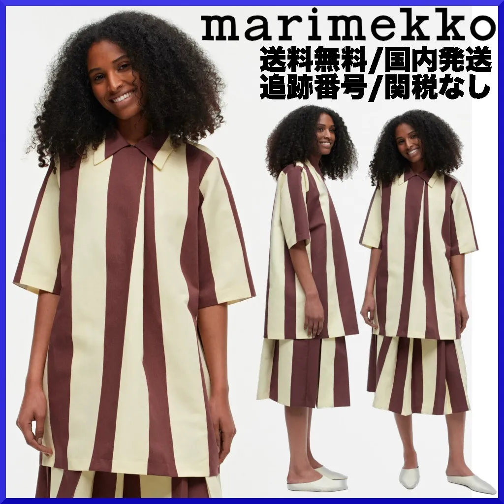 marimekko  |Stripes Linen Cotton Medium Short Sleeves Tunics