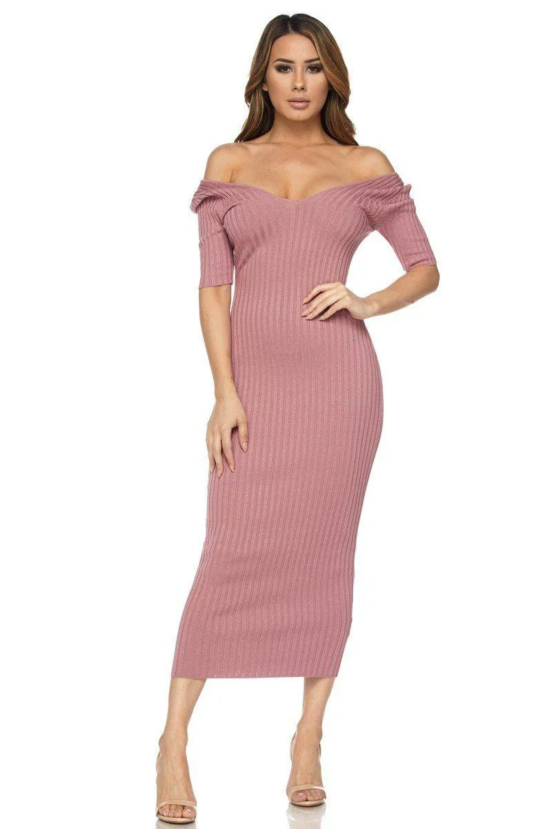 Mauve Half Sleeve Off Shoulder Ribbed Midi Dress