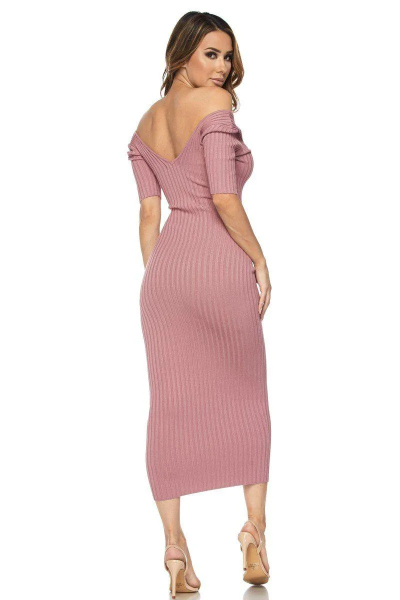 Mauve Half Sleeve Off Shoulder Ribbed Midi Dress