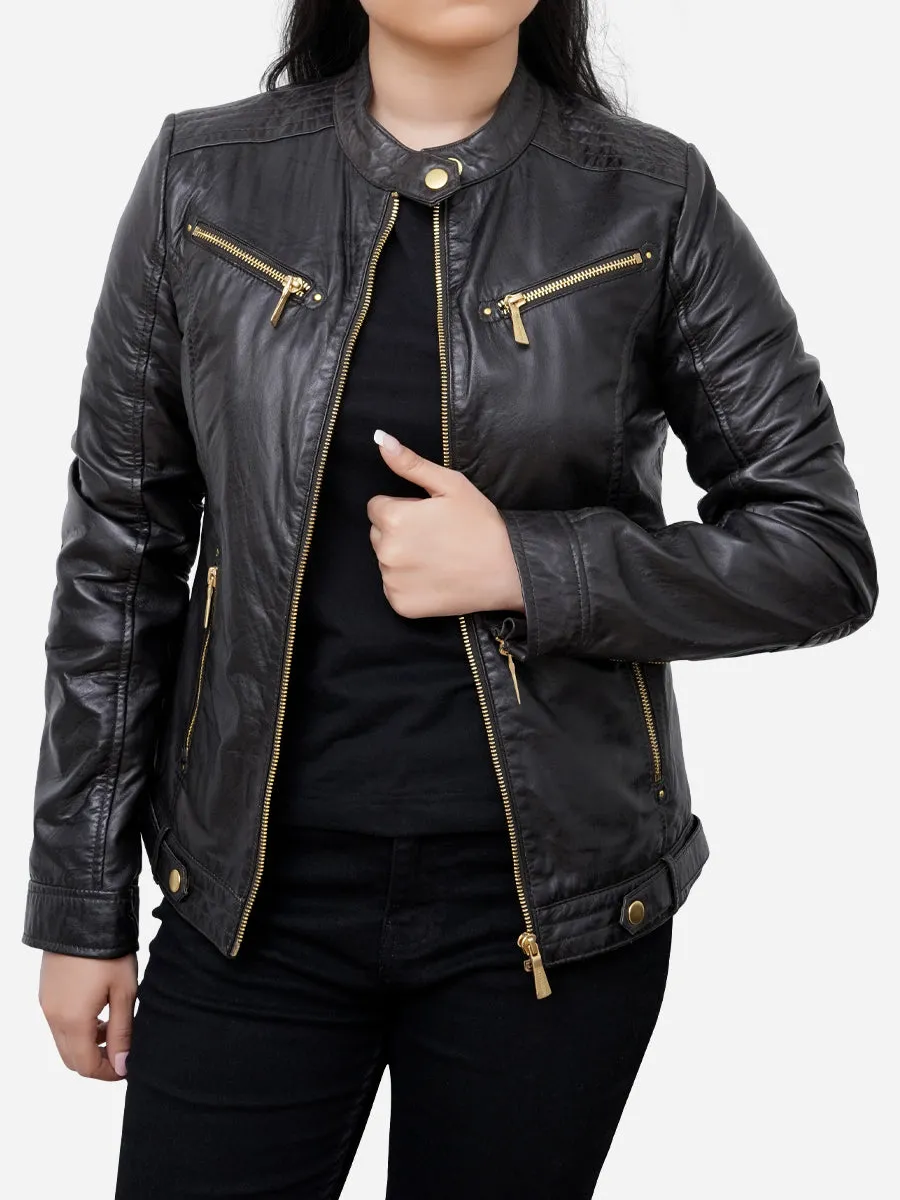 Maya Black Sheepskin Classic Moto Leather Jacket