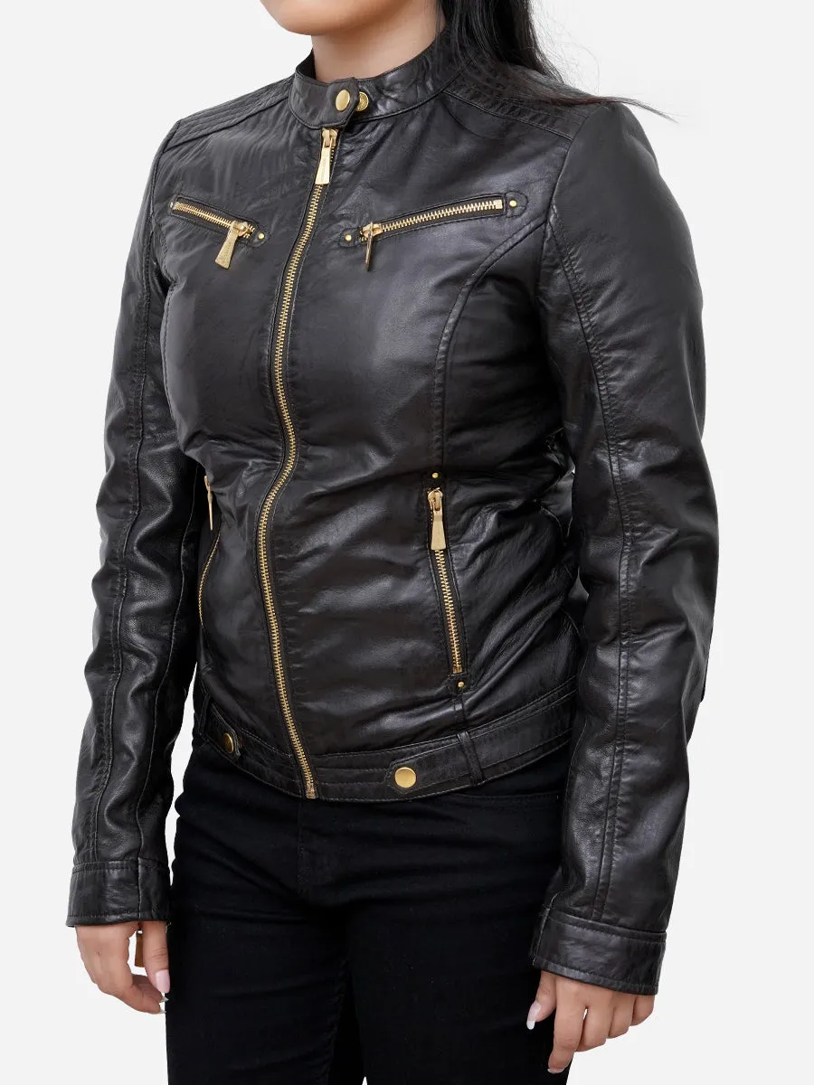 Maya Black Sheepskin Classic Moto Leather Jacket