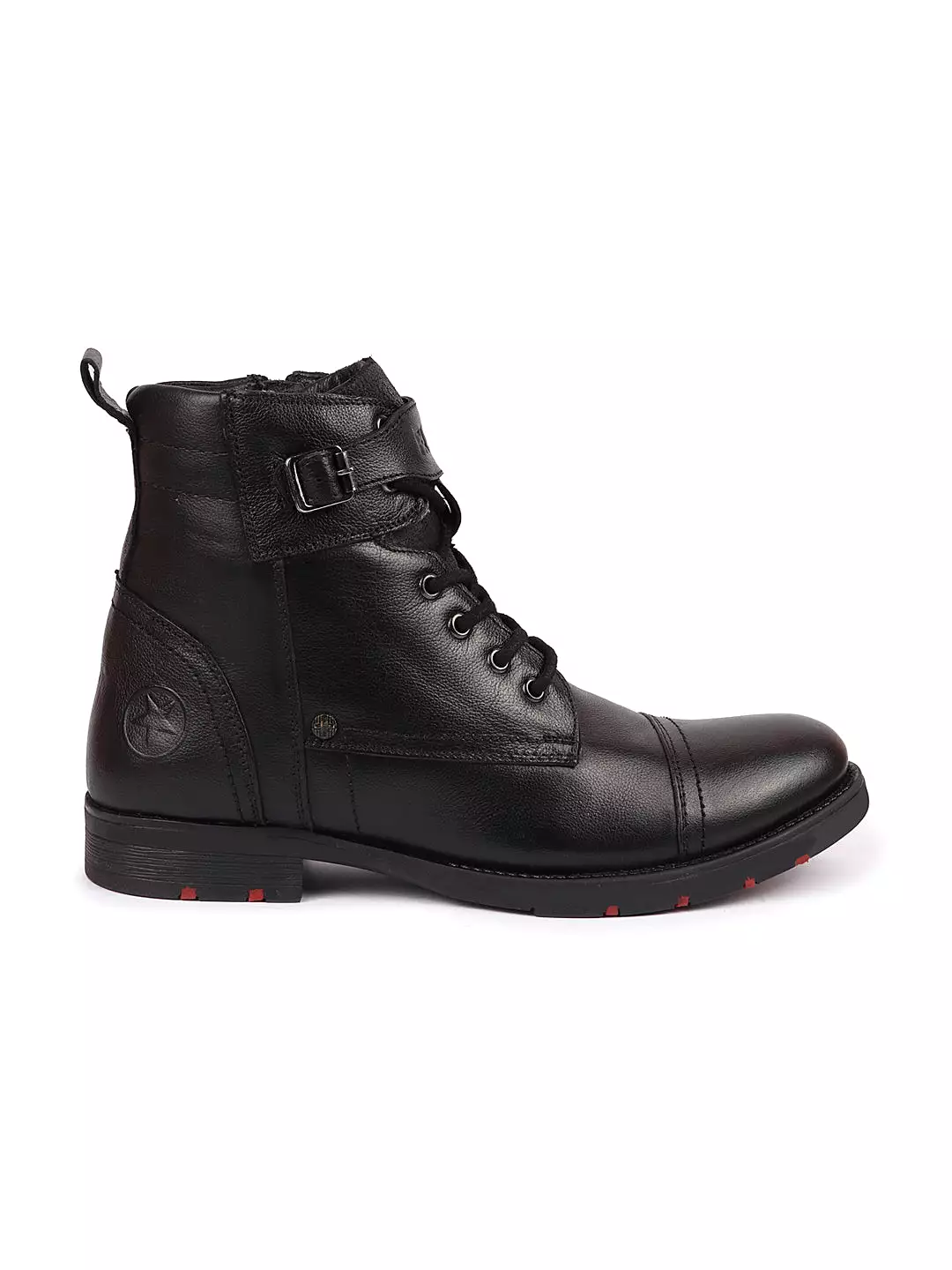 Men Black High Ankle Genuine Leather 6-Eye Lace Up Zipper Winter Cap Toe Flat Biker Classic Boots