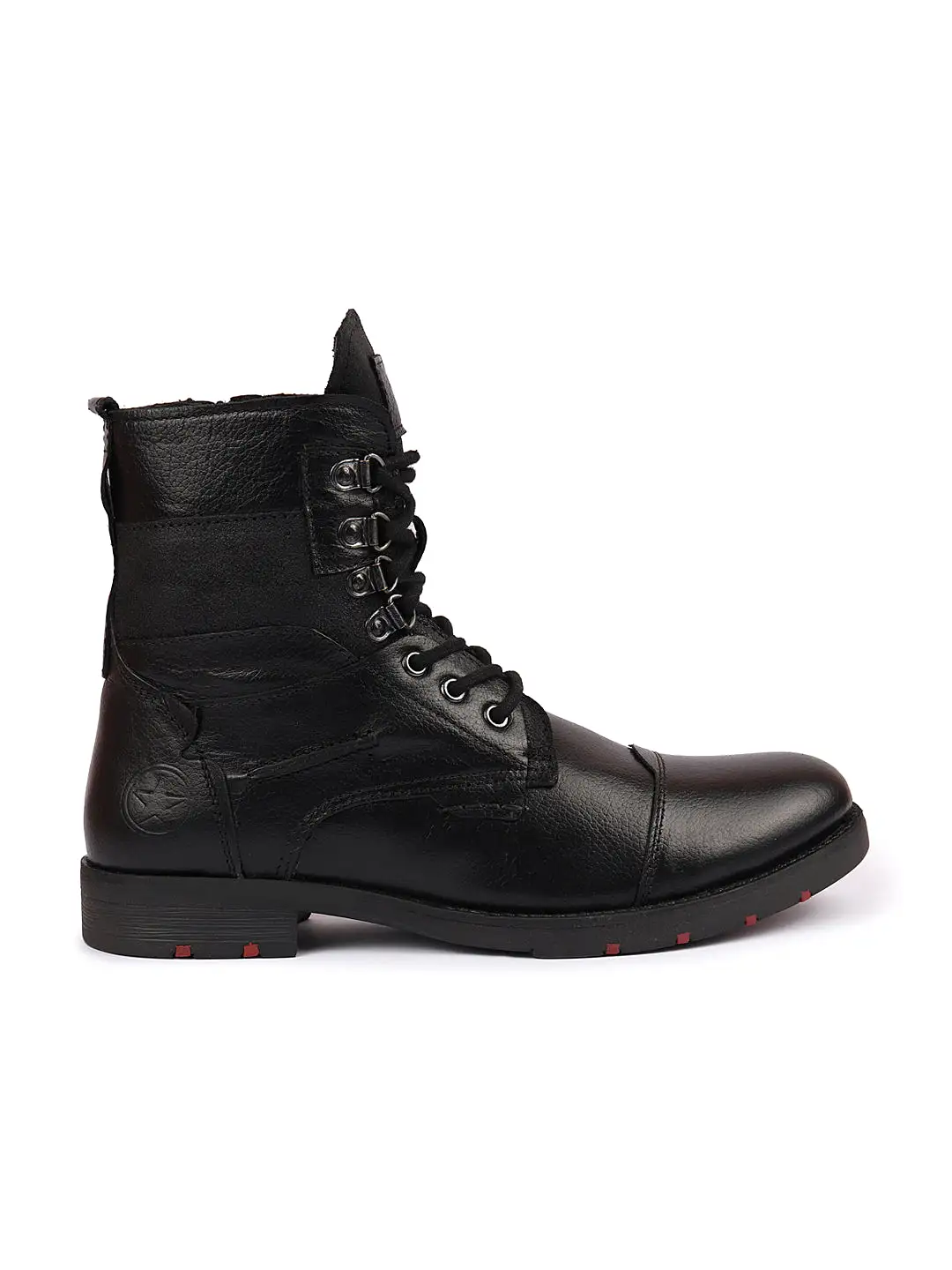 Men Black High Ankle Genuine Leather Hook and 3-Eye Lace Up Side Zipper Cap Toe Stitched Biker Boots