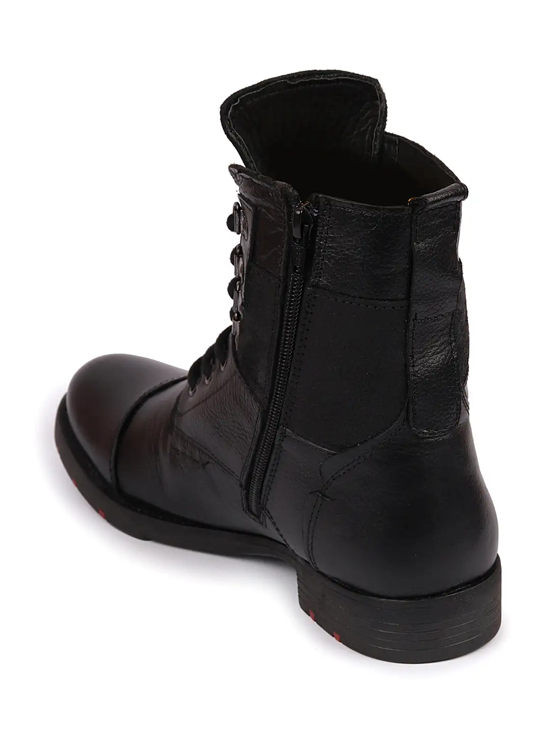 Men Black High Ankle Genuine Leather Hook and 3-Eye Lace Up Side Zipper Cap Toe Stitched Biker Boots