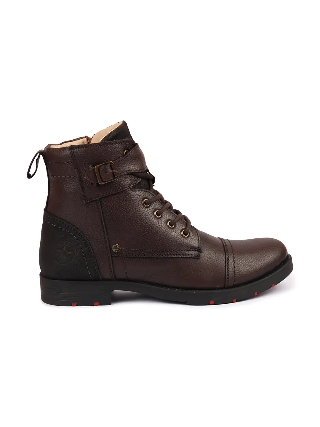 Men Brown High Ankle Genuine Leather 6-Eye Lace Up Zipper Winter Cap Toe Flat Biker Classic Boots