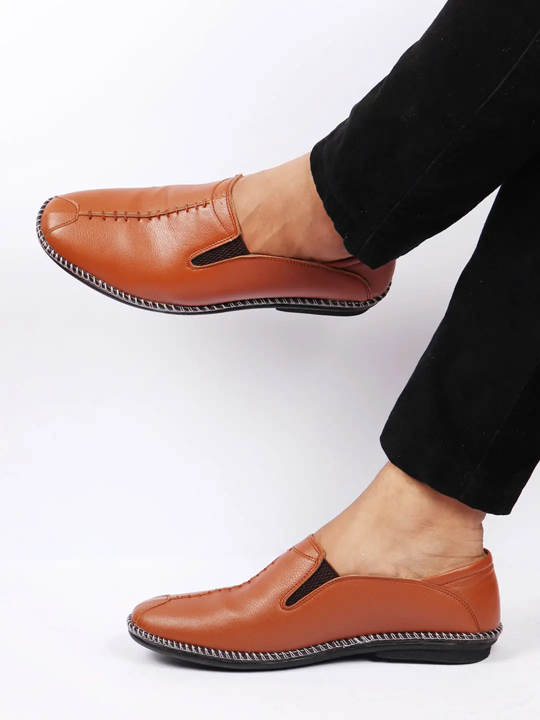 Men Tan Casual Cap Toe Hand Stitched Slip On Shoes