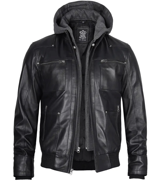 Men's Black Leather Jacket With Removable Hood