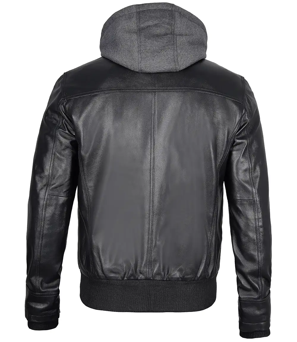 Men's Black Leather Jacket With Removable Hood