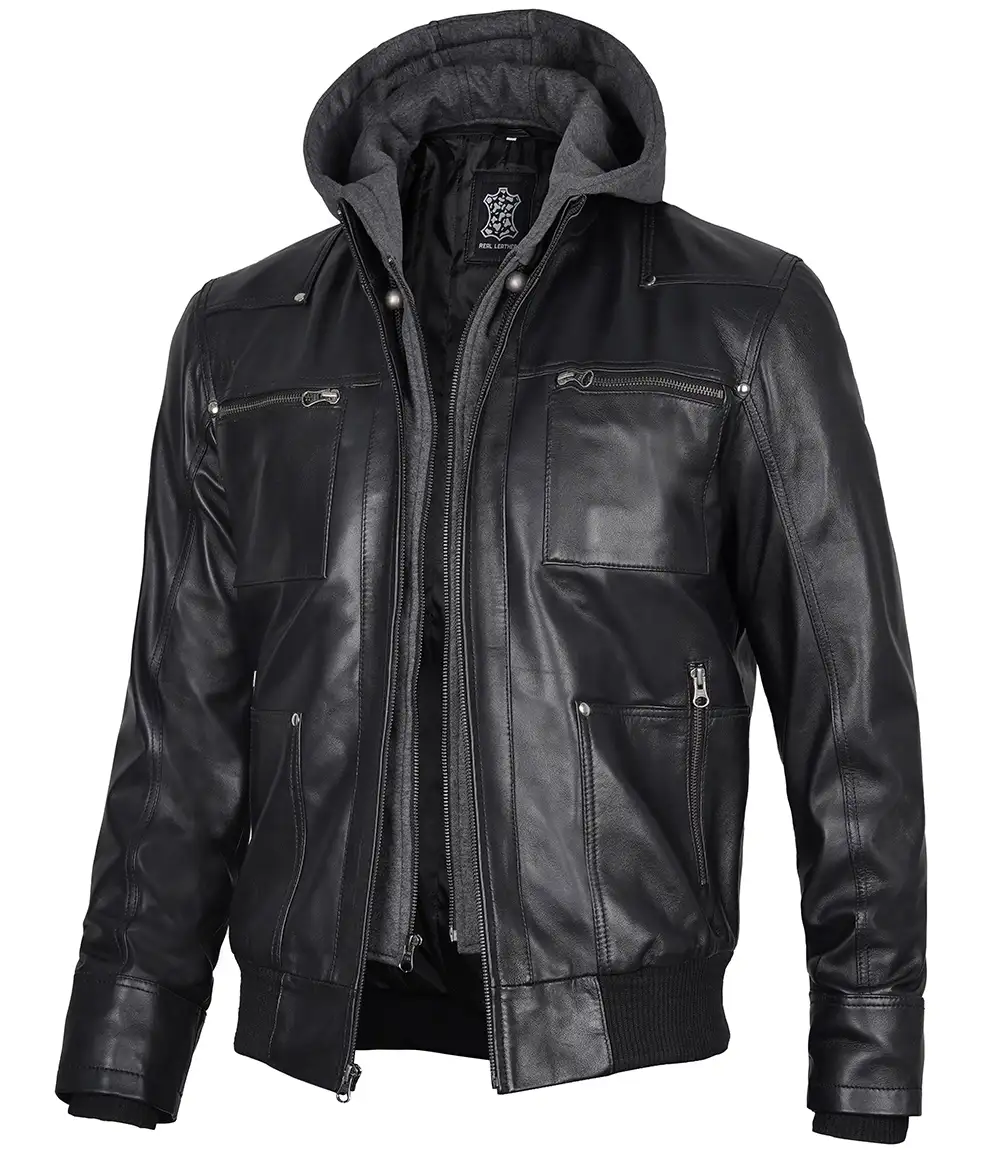 Men's Black Leather Jacket With Removable Hood