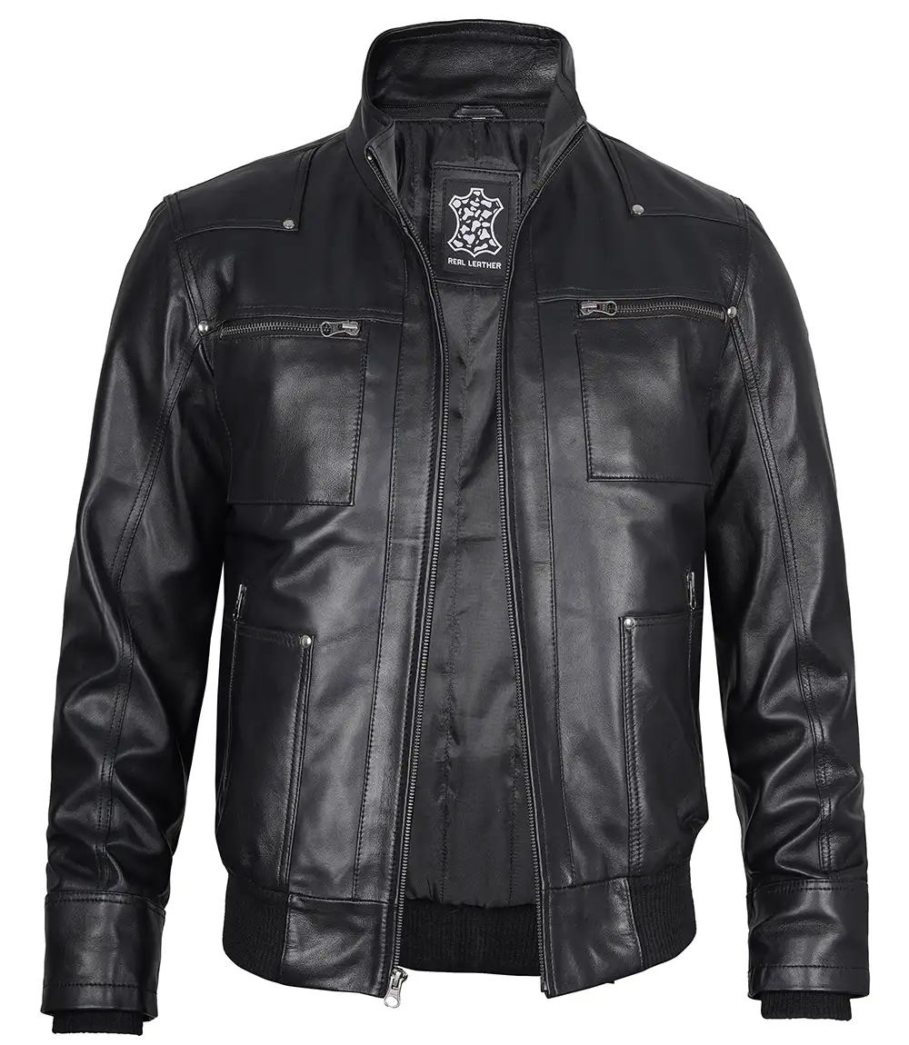 Men's Black Leather Jacket With Removable Hood